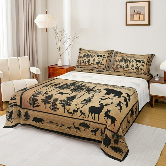 Manfei Rustic Farmhouse Bed Sheets Full, Vintage Brown Full Sheet Sets, Wildlife Deer Bedding Sets Full Size, Lightweight Room Decorative, 4pcs
