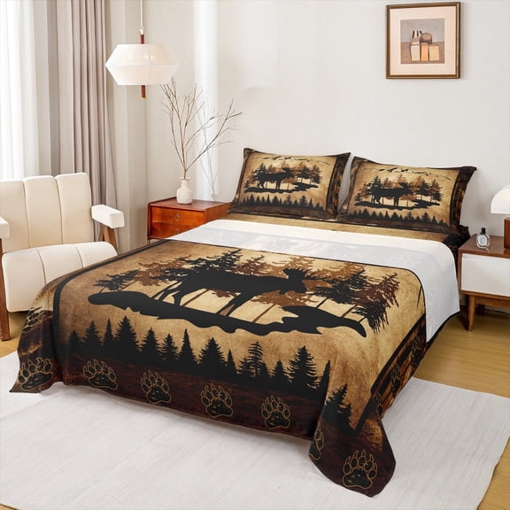 Manfei Rustic Farmhouse Bed Sheets Twin, Vintage Brown Twin Sheet Sets, Wildlife Deer Bedding Sets Twin Size, Ultra Soft Bedroom Decoration, 3pcs