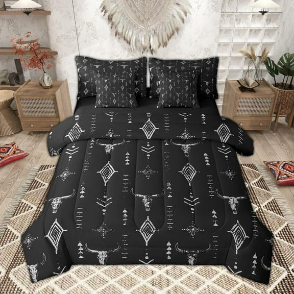 Manfei Rustic Farmhouse Bedding Comforter Set 7pcs, Hippie Exotic Aztec Queen Bedding Sets, Black Gray Cow Skull Queen Sheet Sets, Ultra Soft Room Decor