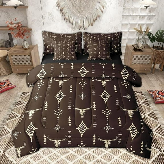 Manfei Rustic Farmhouse Bedding Comforter Set 7pcs, Hippie Exotic Aztec Queen Bedding Sets, Brown Beige Cow Skull Queen Sheet Sets, Ultra Soft Room Decor