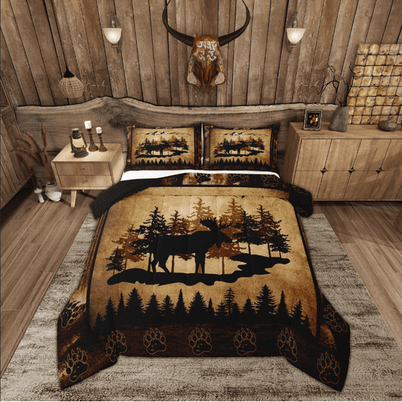 Manfei Rustic Farmhouse Bedding Comforter Set, Vintage Brown Down Comforter, Wildlife Deer Reversible Duvet Insert, Ultra Soft Bedroom Decoration, 2pcs