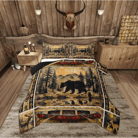 Manfei Rustic Farmhouse Bedding Comforter Set, Wildlife Bear Down Comforter, Countryside Reversible Duvet Insert, Ultra Soft Bedroom Decoration, 2pcs