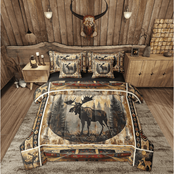 Manfei Rustic Farmhouse Bedding Twin Size, Lake House Bedding Sets Twin Size, Wildlife Reindeer Reversible Comforter Sets with Sheets, Breathable Bedroom Decorative, 7pcs