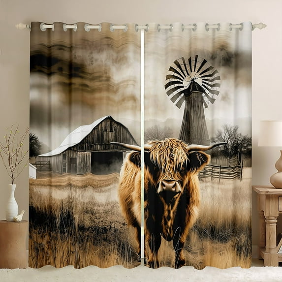 Manfei Rustic Farmhouse Blackout Curtains Set of 2 (52x84 Each), Highland Bull Window Curtains, Old Barn Door Windmill Curtains and Drapes, Luxury Room Decor