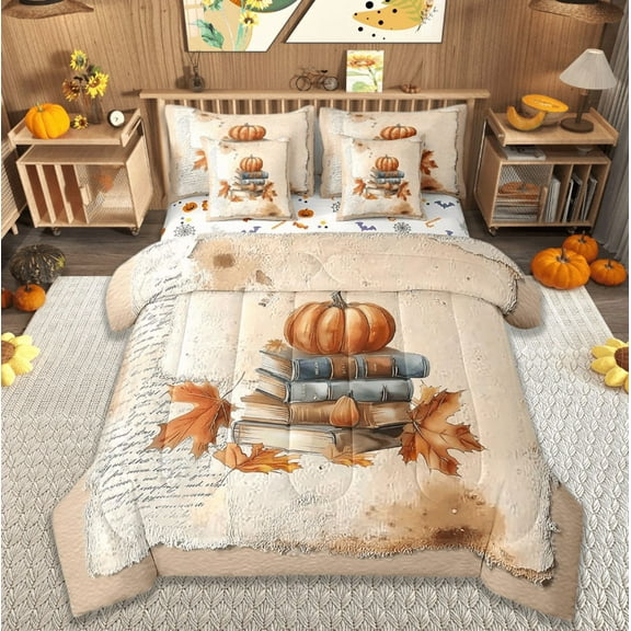 Manfei Rustic Farmhouse Cabin Bedding Comforter Set 7-Piece,Autumn Fall Pumpkin Full Bedding Set,Halloween Theme Fitted Sheet Flat Sheet,Ultra Soft Room Decor Reversible