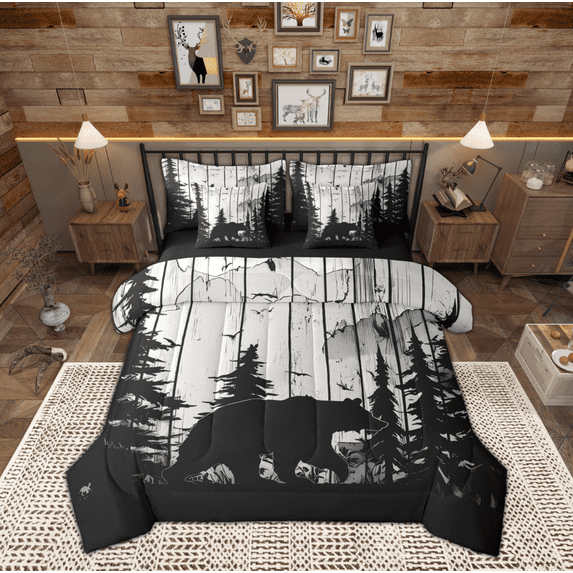 Manfei Rustic Farmhouse Cabin Bedding Comforter Set 7 Pieces, Jungle Bear Animal Full Bedding Set, Grey Wooden Plank Reversible Fitted Sheet Flat Sheet, Microfiber Bedroom Decor