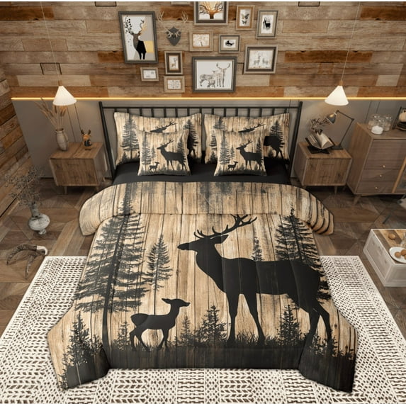 Manfei Rustic Farmhouse Cabin Bedding Comforter Set 7pcs, Jungle Deer Animal Queen Bedding Sets, Brown Wooden Plank Reversible Queen Sheet Sets, Lightweight Room Decor
