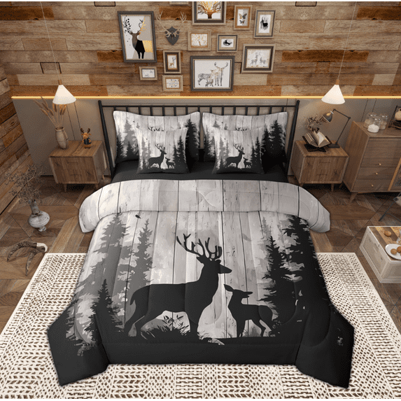 Manfei Rustic Farmhouse Cabin Bedding Comforter Set 7pcs, Jungle Deer Animal Queen Bedding Sets, Grey Wooden Plank Reversible Queen Sheet Sets, Ultra Soft Home Decor