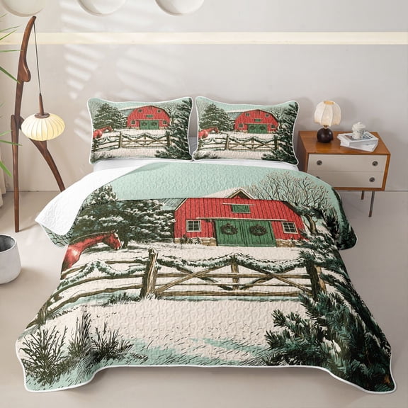 Manfei Rustic Farmhouse Cabin Twin Quilt Set,Winter Horse Pine Tree Twin Coverlet Set,Green Gray,2-Piece,1 Bedspread and 1 Pillowcase