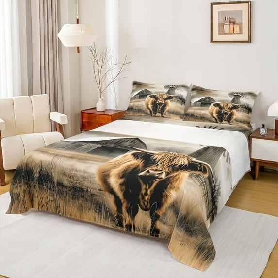 Manfei Rustic Farmhouse Full Size Sheets, Highland Bull Bed Sheets, Old Barn Door Windmill Sheet Sets, Lightweight Room Decor 4-Piece
