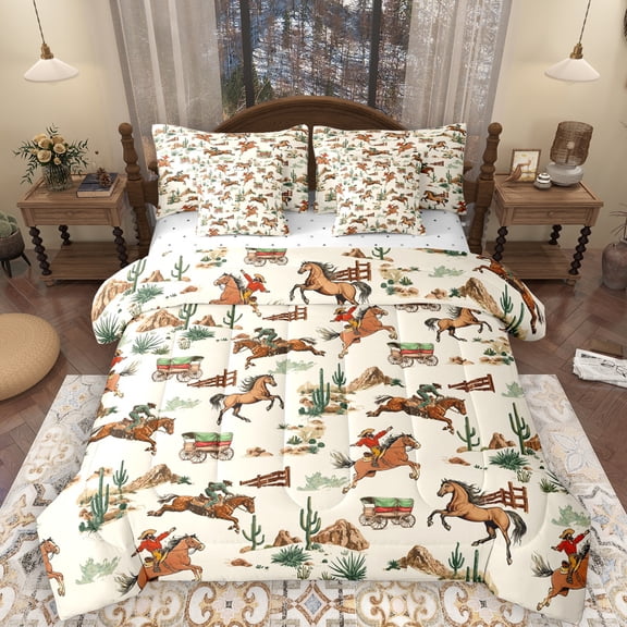Manfei Rustic Farmhouse Horse 7-Piece Bedding Comforter Set, Tribal Cowboy Cowgirl King Bedding Sets, Southwestern Reversible Bed Sheets, Breathable Home Decor