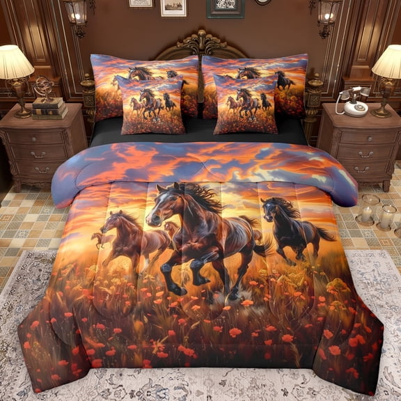 Manfei Rustic Farmhouse Horse Twin Bedding Sets 7-Piece, Western Animal Bedding Comforter Set, Southwestern Theme Reversible Sheet Sets, Super Cozy Room Decor