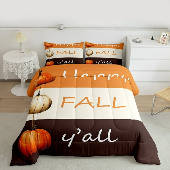 Manfei Rustic Farmhouse Pumpkin Full Size Comforter Sets,Happy Fall Bedding Comforter Set,Orange Brown Beige Bedding Sets For Child,Ultra Soft Home Decor Reversible,3-Piece