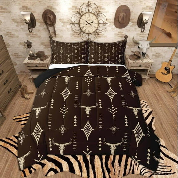 Manfei Rustic Farmhouse Queen Comforter Set, Hippie Exotic Aztec Bedding Sets, Brown Beige Cow Skull Bedding Comforter Set, Ultra Soft Room Decor, Reversible 3pcs