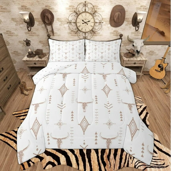 Manfei Rustic Farmhouse Queen Comforter Set, Hippie Exotic Aztec Bedding Sets, White Brown Cow Skull Bedding Comforter Set, Ultra Soft Room Decor, Reversible 3pcs
