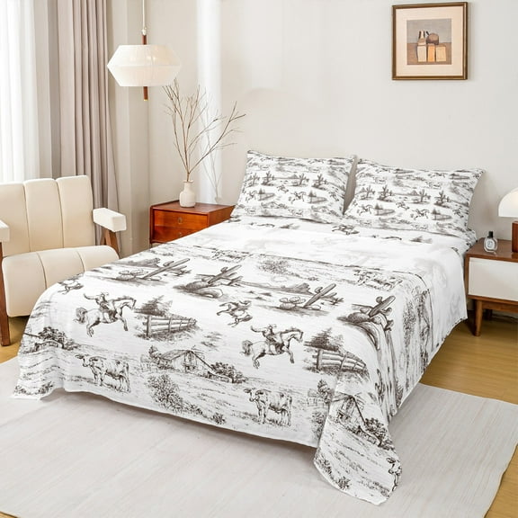 Manfei Rustic Farmhouse Queen Sheet Sets, Southwestern Cowboy Flat Sheet, Farm Highland Cow Queen Fitted Sheet, Microfiber Bedroom Decor 4pcs