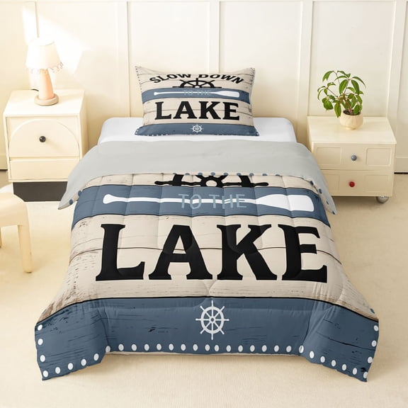 Manfei Rustic Farmhouse Twin Comforter Sets,Lake Themed Bedding Set,Light Gray,Light Gray Reversible,2-Piece,1 Comforter and 1 Pillowcase