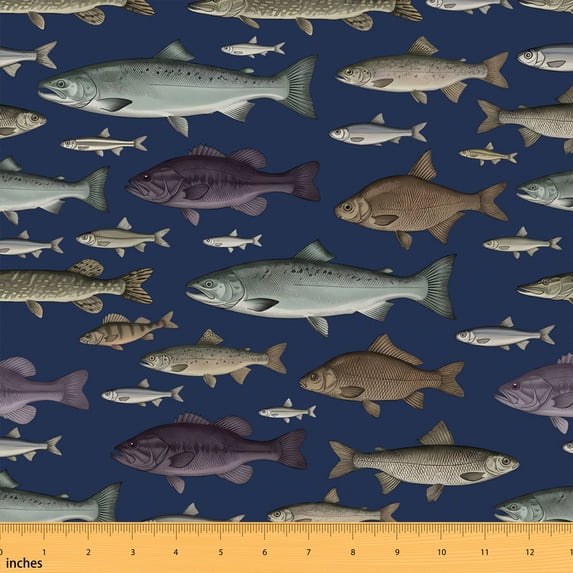 Manfei Rustic Fish Fabric by the Yard 2 Yards, Vintage River House Sewing Fabric, Navy Fish Tone