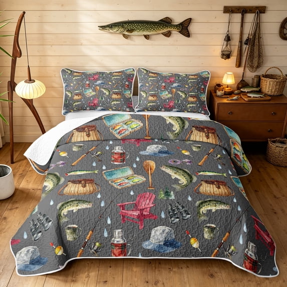 Manfei Rustic Fishing Bed Spread Queen, Outdoor Adventure Queen Coverlet Set, Gray, 3pcs, 1 Quilt and 2 Pillowcases