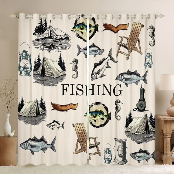 Manfei Rustic Fishing Curtains and Drapes Pack of 2 (52x63 Each), Vintage Farm Life Black Out Curtains, Beige