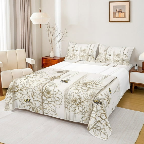 Manfei Rustic Floral Print Bed Sheets Twin, Cartoon Bee Animal Twin Sheet Sets, Lodge Cabin Bedding Sets Twin Size, Lightweight Room Decor, 3 Pieces