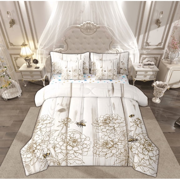 Manfei Rustic Floral Print Bedding Sets Queen Size, Cartoon Bee Animal Bed in a Bag Queen size, Lodge Cabin Reversible Comforter Sets with Sheets, Lightweight Room Decor, 7 Pieces