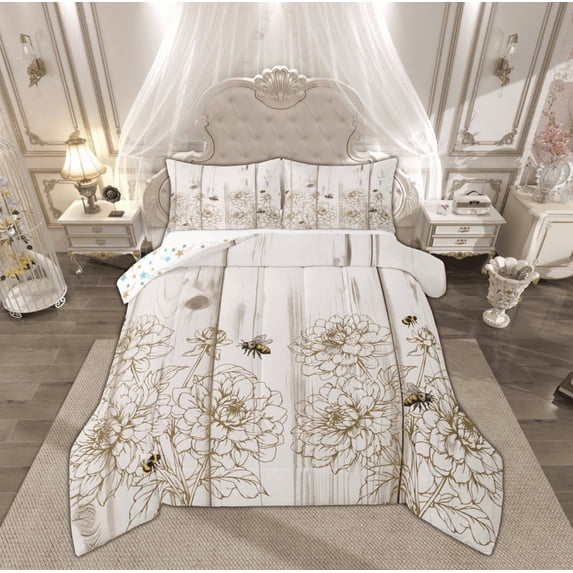 Manfei Rustic Floral Print Comforter Sets Full Size, Cartoon Bee Animal Comforters & Duvets, Lodge Cabin Reversible Bedding Full Comforter Set, Lightweight Room Decor, 3 Pieces