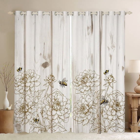 Manfei Rustic Floral Print Curtains for Living Room, Cartoon Bee Animal Blackout Curtains for Bedroom, Lodge Cabin Curtains Pack of 2 (42x63), Window Curtains Room Decor
