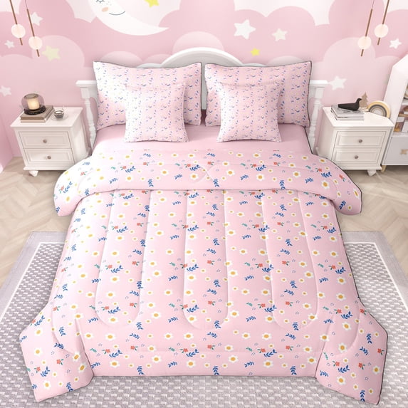 Manfei Rustic Flower 7-Piece Bedding Comforter Set,Cute Floral King Bedding Sets,Pink Green Bed Sheets For Girls Kids,Ultra Soft Home Decor Reversible