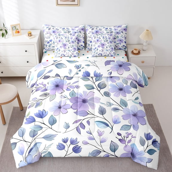 Manfei Rustic Flower 7-Piece Bedding Comforter Set,Natural Botanical Theme King Bedding Sets,Purple White Bed Sheets For Children,Microfiber Bedroom Decor Reversible