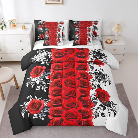 Manfei Rustic Flower 7-Piece Twin Bedding Sets,Romantic Rose Bedding Comforter Set,Red White Black Sheet Sets For Adults,Ultra Soft Home Decor