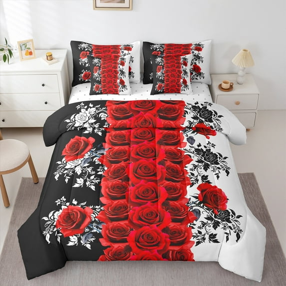 Manfei Rustic Flower 7-Piece Twin Bedding Sets,Romantic Rose Bedding Comforter Set,Red White Black Sheet Sets For Adults,Ultra Soft Home Decor