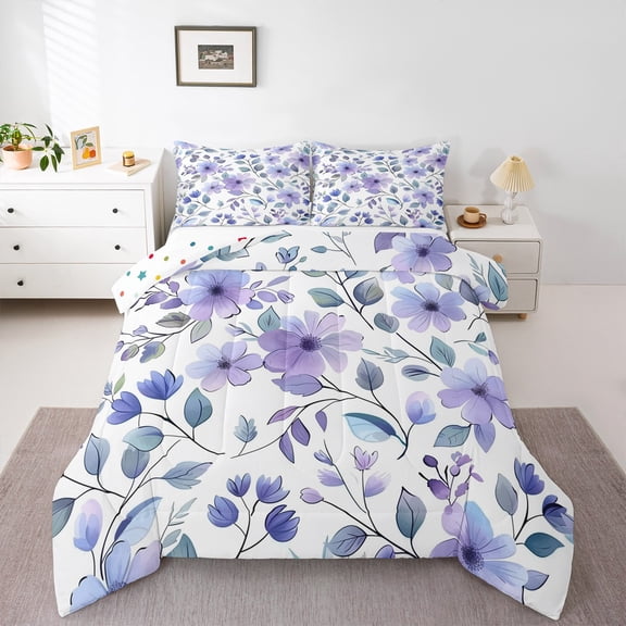 Manfei Rustic Flower Bedding Comforter Set,Natural Botanical Theme Twin Comforter Sets,Purple White Bedding Set For Children,Microfiber Bedroom Decor Reversible,2pcs