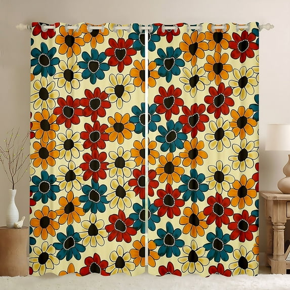 Manfei Rustic Flower Black Out Curtains,Cute Floral Daisy Curtains Pack of 2 (42x63 Each),Yellow Blue Red Bedroom Curtains For Girls Kids,Ultra Soft Home Decor