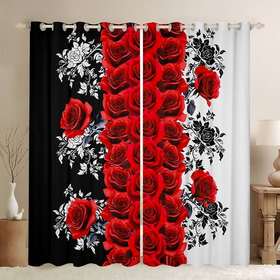 Manfei Rustic Flower Black Out Curtains,Romantic Rose Curtains Pack of 2 (42x63 Each),Red White Black Bedroom Curtains For Adults,Ultra Soft Home Decor