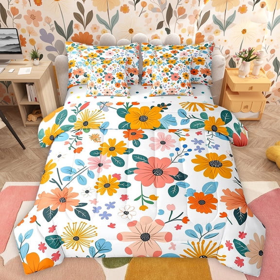 Manfei Rustic Flower Blossom 7-Piece Bedding Comforter Set,Countryside Floral King Bedding Sets,Orange Pink White Bed Sheets For Girls Teens,Microfiber Bedroom Decor Reversible