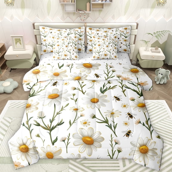 Manfei Rustic Flower Daisy 7-Piece Bedding Comforter Set,Countryside Floral King Bedding Sets,White Green Yellow Bed Sheets For Girls Kids,Microfiber Bedroom Decor Reversible