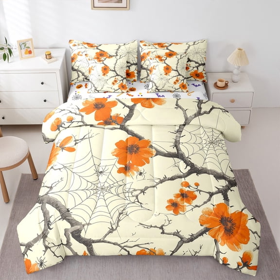 Manfei Rustic Flower Floral 7-Piece Bedding Comforter Set,Halloween Spider Web King Bedding Sets,Orange Beige Bed Sheets For Boys Kids,Luxury Bedroom Decor Reversible