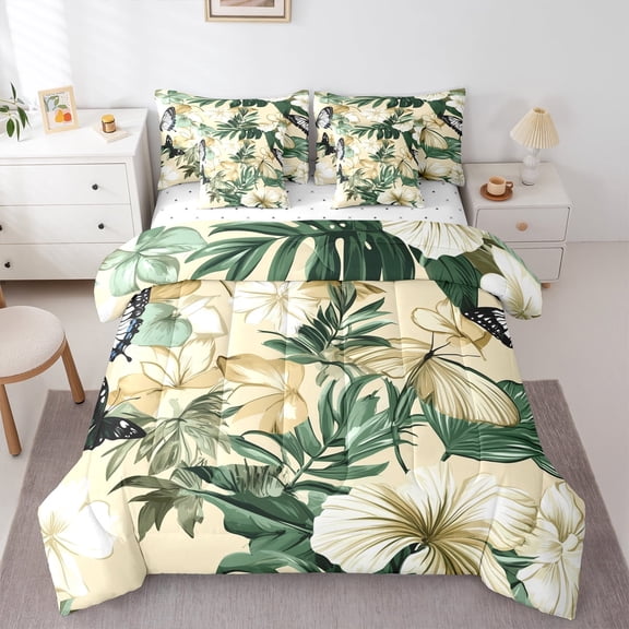 Manfei Rustic Flower Floral 7pcs Bedding Comforter Set,Green Monstera Leaf Queen Bedding Sets,Tropical Plant Leaves Queen Sheet Sets For Girl Teens,Luxury Bedroom Decor
