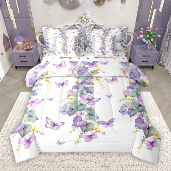 Manfei Rustic Flower Floral 7pcs Bedding Comforter Set,Vintage Butterflies Queen Bedding Sets,Gold White Purple Queen Sheet Sets For Girls,Ultra Soft Home Decor Reversible