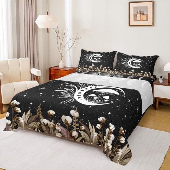 Manfei Rustic Flower Floral Bed Sheets,Boho Moon Sun King Sheets,Cartoon Fungus Mushroom Sheet Set For Teens,Microfiber Bedroom Decor,4 Pieces