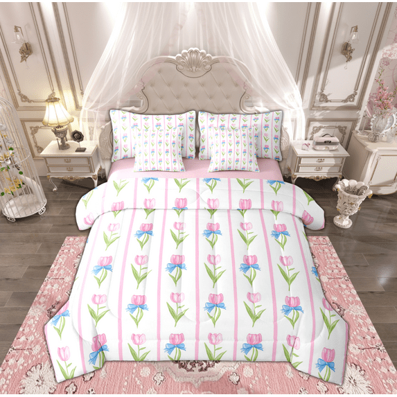 Manfei Rustic Flower Floral Bedding Comforter Set 7 Pieces, Vintage Garden Tulip Full Bedding Set, French Bohemian Style Reversible Fitted Sheet Flat Sheet, Lightweight Room Decor