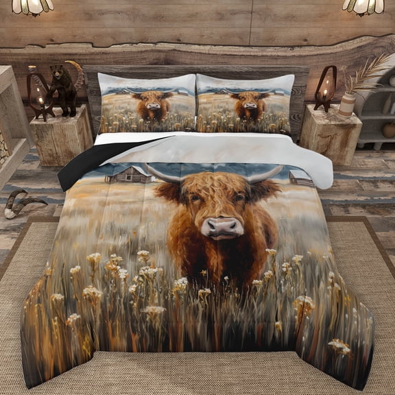 Manfei Rustic Flower Floral Bedding Comforter Set,Country Highland Cattle Twin Comforter Sets,Western Farmhouse Bedding Set For Teens,Ultra Soft Home Decor Reversible,2pcs