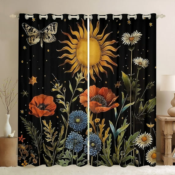 Manfei Rustic Flower Floral Black Out Curtains,Tropical Botanical Plant Curtains Pack of 2 (42x63 Each),Red Blue Black Bedroom Curtains For Girls Teens,Ultra Soft Home Decor