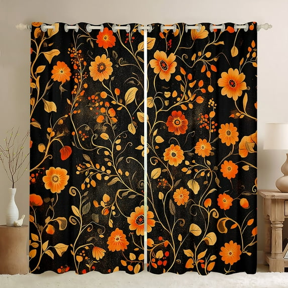 Manfei Rustic Flower Floral Blackout Curtains Set of 2 (52x84 Each),Country Plant Window Curtains,Orange Black Curtains and Drapes For Adult,Luxury Bedroom Decor