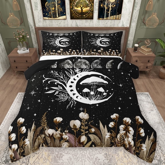 Manfei Rustic Flower Floral Full Size Comforter Sets,Boho Moon Sun Bedding Comforter Set,Cartoon Fungus Mushroom Bedding Sets For Teens,Microfiber Bedroom Decor Reversible,3pcs