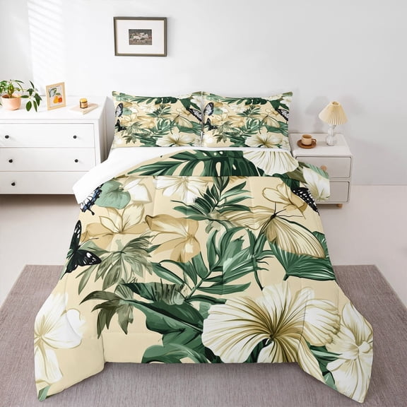 Manfei Rustic Flower Floral Queen Comforter Set,Green Monstera Leaf Bedding Sets,Tropical Plant Leaves Bedding Comforter Set For Girl Teens,Luxury Bedroom Decor,3pcs