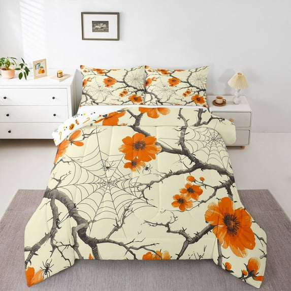 Manfei Rustic Flower Floral Queen Comforter Set,Halloween Spider Web Bedding Sets,Orange Beige Bedding Comforter Set For Boys Kids,Luxury Bedroom Decor Reversible,3 Pieces