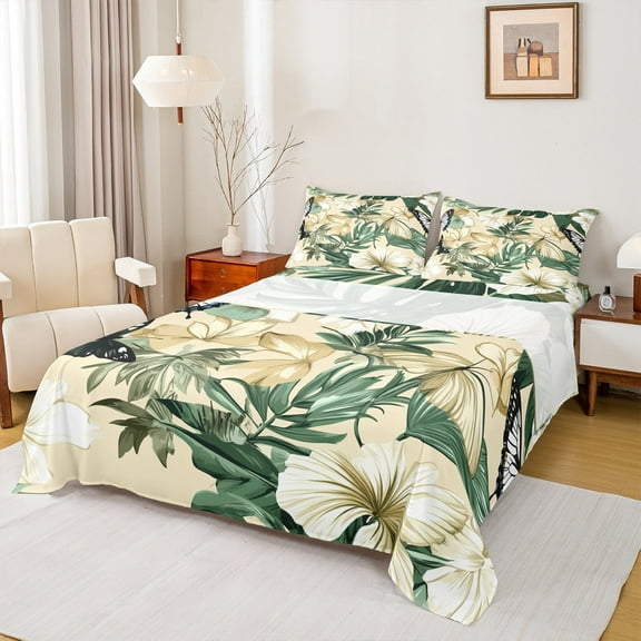 Manfei Rustic Flower Floral Queen Sheet Sets,Green Monstera Leaf Flat Sheet,Tropical Plant Leaves Queen Fitted Sheet For Girl Teens,Luxury Bedroom Decor,4pcs