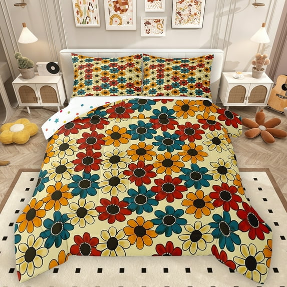 Manfei Rustic Flower Full Size Comforter Sets,Cute Floral Daisy Bedding Comforter Set,Yellow Blue Red Bedding Sets For Girls Kids,Ultra Soft Home Decor Reversible,3-Piece